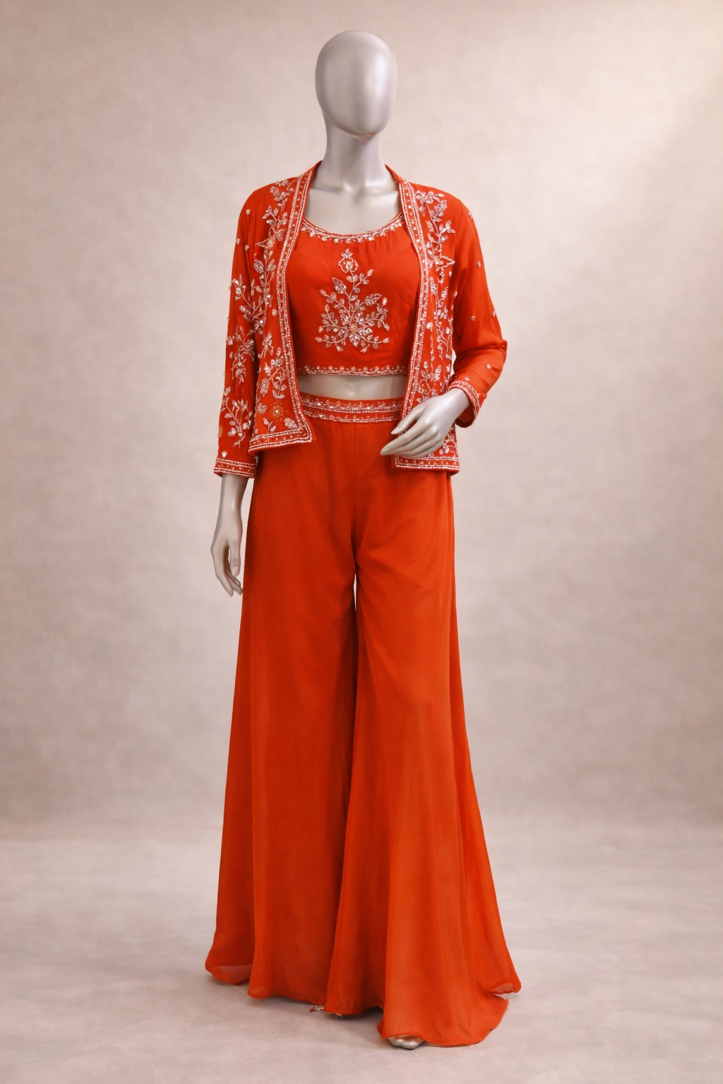 Vibrant Orange Silk Co-ord Set with Embroidered Crop Top & Jacket